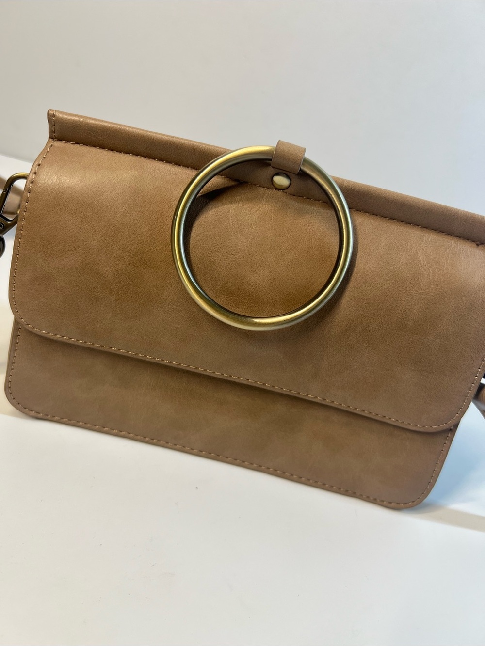 Joy Susan Tan Brown Crossbody Clutch Bag Gold Ring Handle Vegan Leather